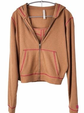 Fabletics Waffle Knit Set XS Brown Pink Zip Hoodie Sports Bra Athleisure